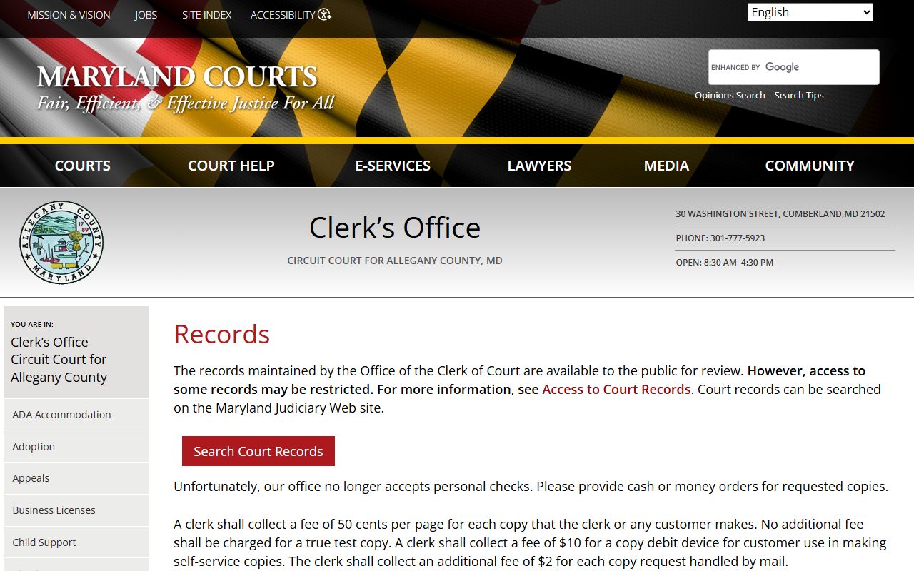 Allegany County court records portal on the Maryland court system website