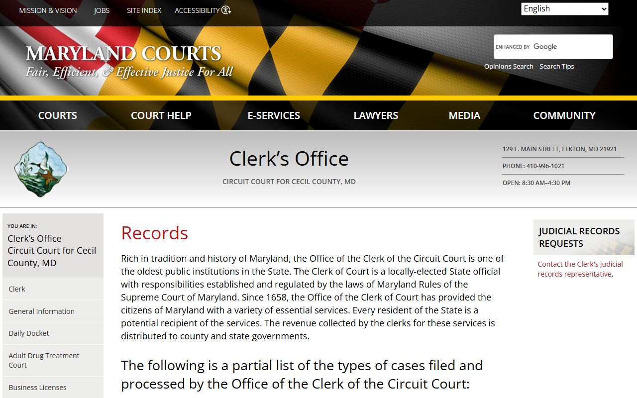 Cecil County court records portal on the Maryland courts website