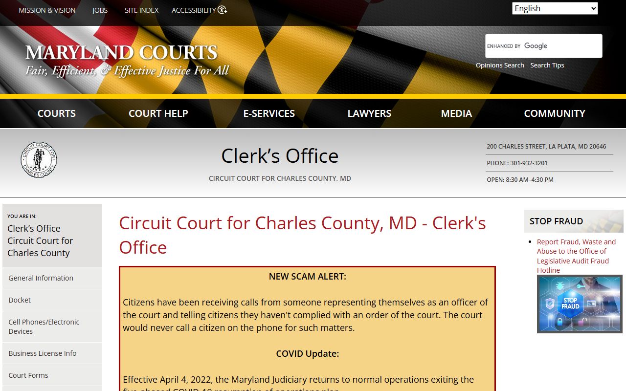 Charles County Circuit Court clerk records portal in La Plata, Maryland