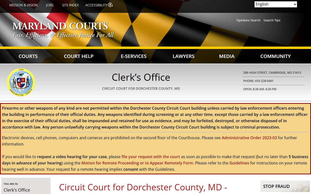 Dorchester County Circuit Court clerk page on Maryland Judiciary website