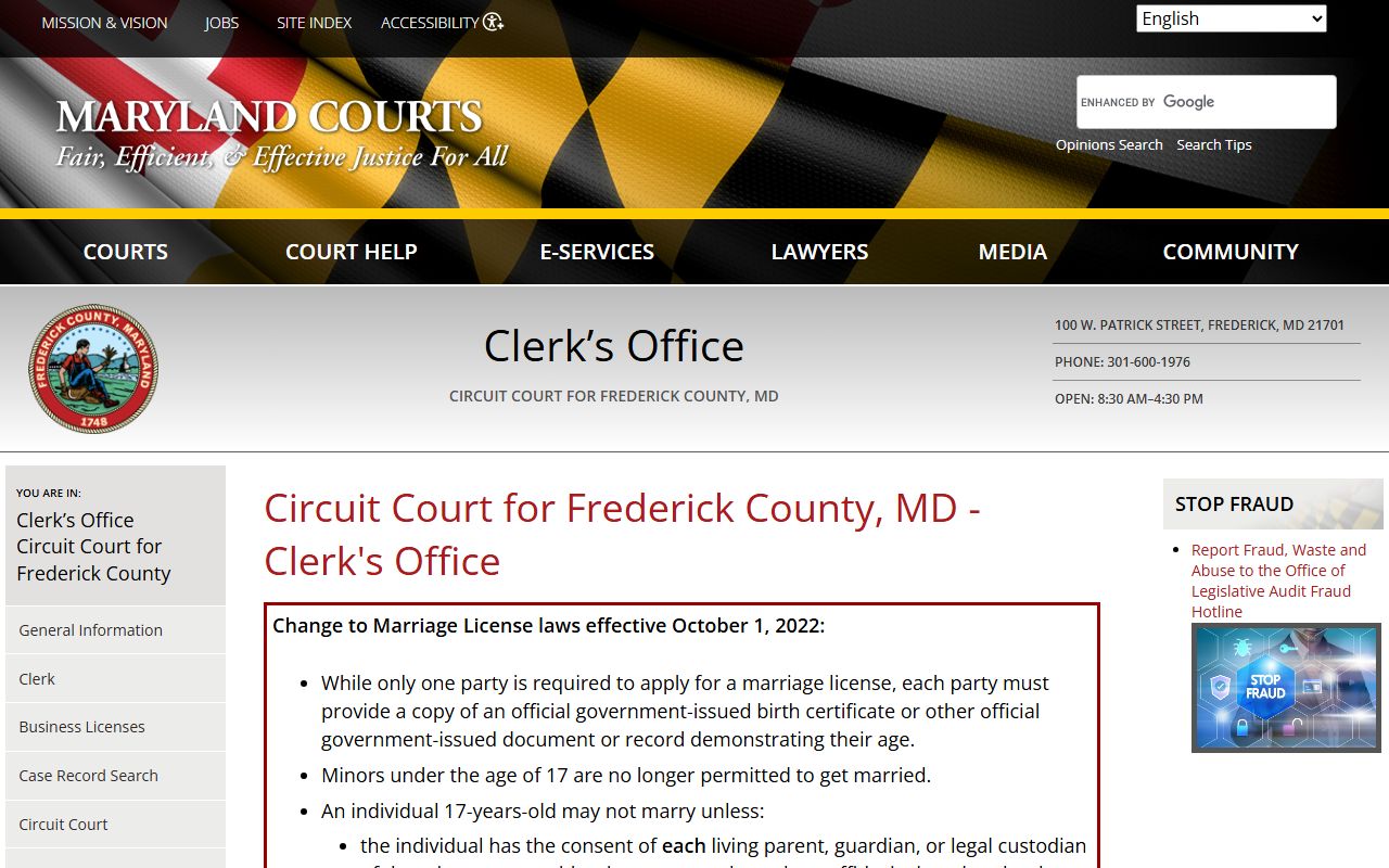 Frederick County Circuit Court clerk page on the Maryland courts website