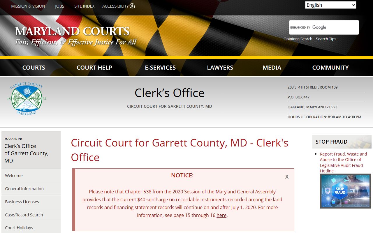 Garrett County Circuit Court clerk page on Maryland courts website