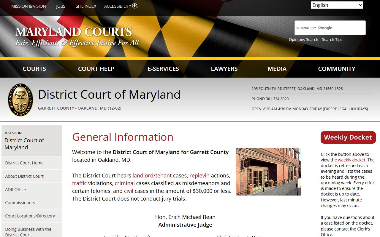 Garrett County District Court directory on Maryland Judiciary website
