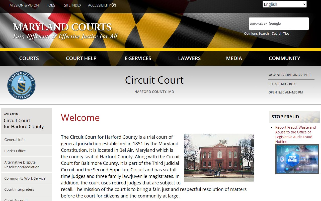 Harford County Circuit Court page on Maryland Judiciary website