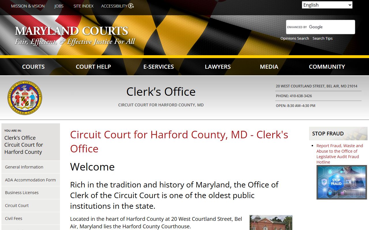 Harford County Circuit Court clerk page on Maryland courts website