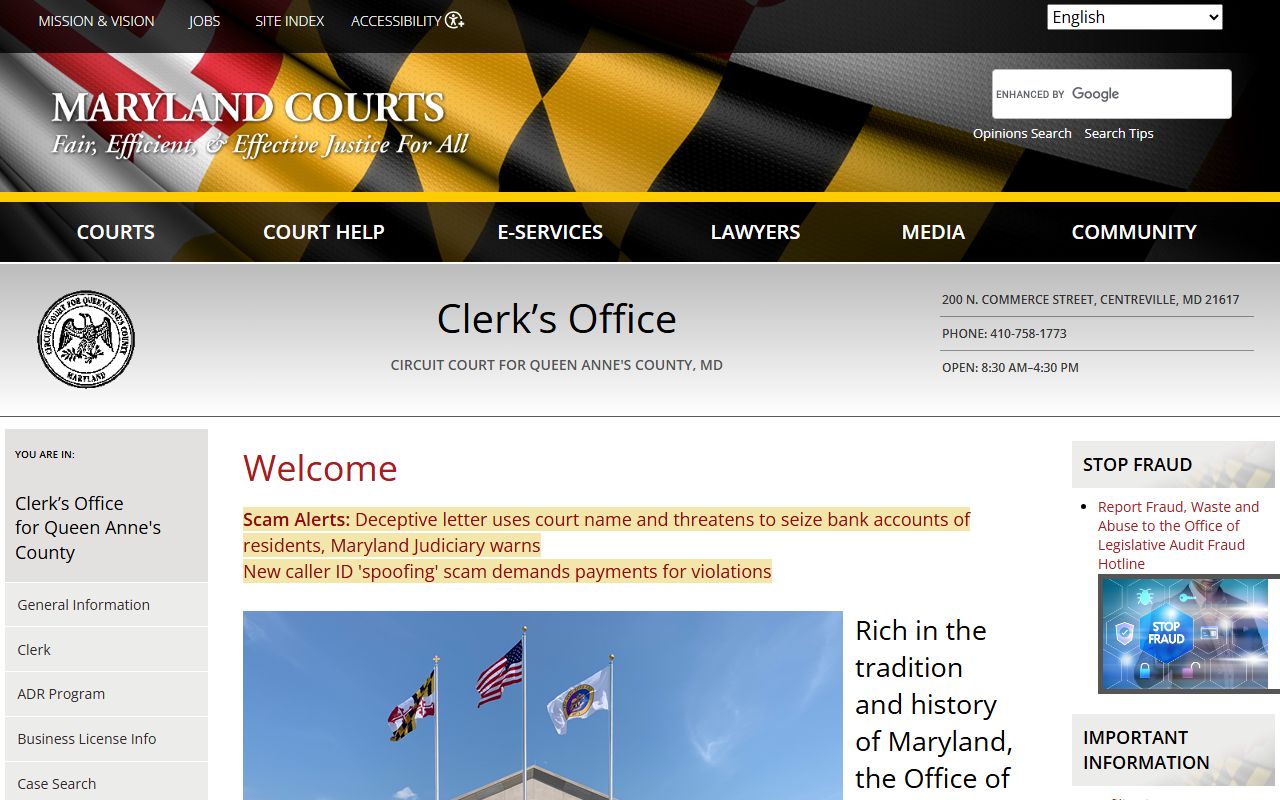Queen Anne's County Circuit Court Clerk page for court records in Centreville