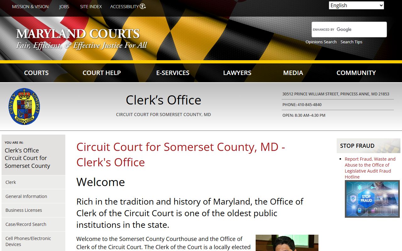 Somerset County Circuit Court Clerk page for court records in Princess Anne