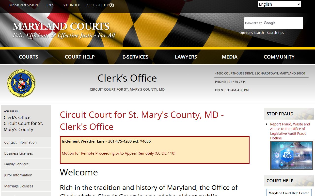 St. Mary's County Circuit Court Clerk page for court records in Leonardtown