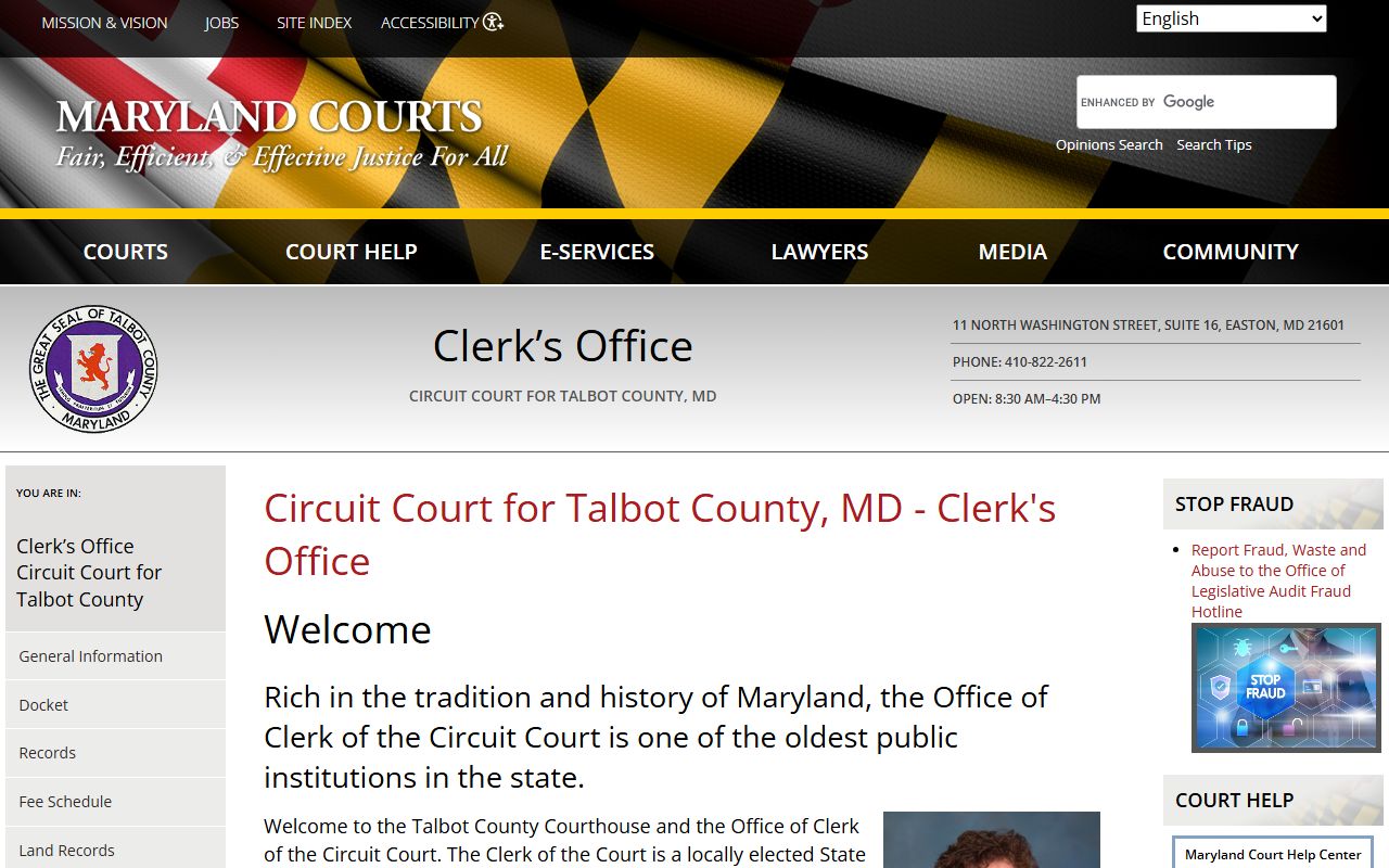 Talbot County Circuit Court Clerk page for court records in Easton