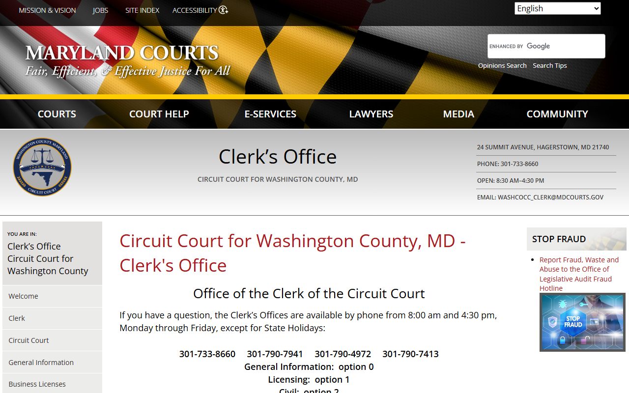 Washington County Circuit Court Clerk page for court records in Hagerstown