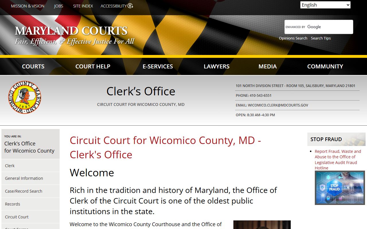 Wicomico County Circuit Court Clerk page for court records in Salisbury