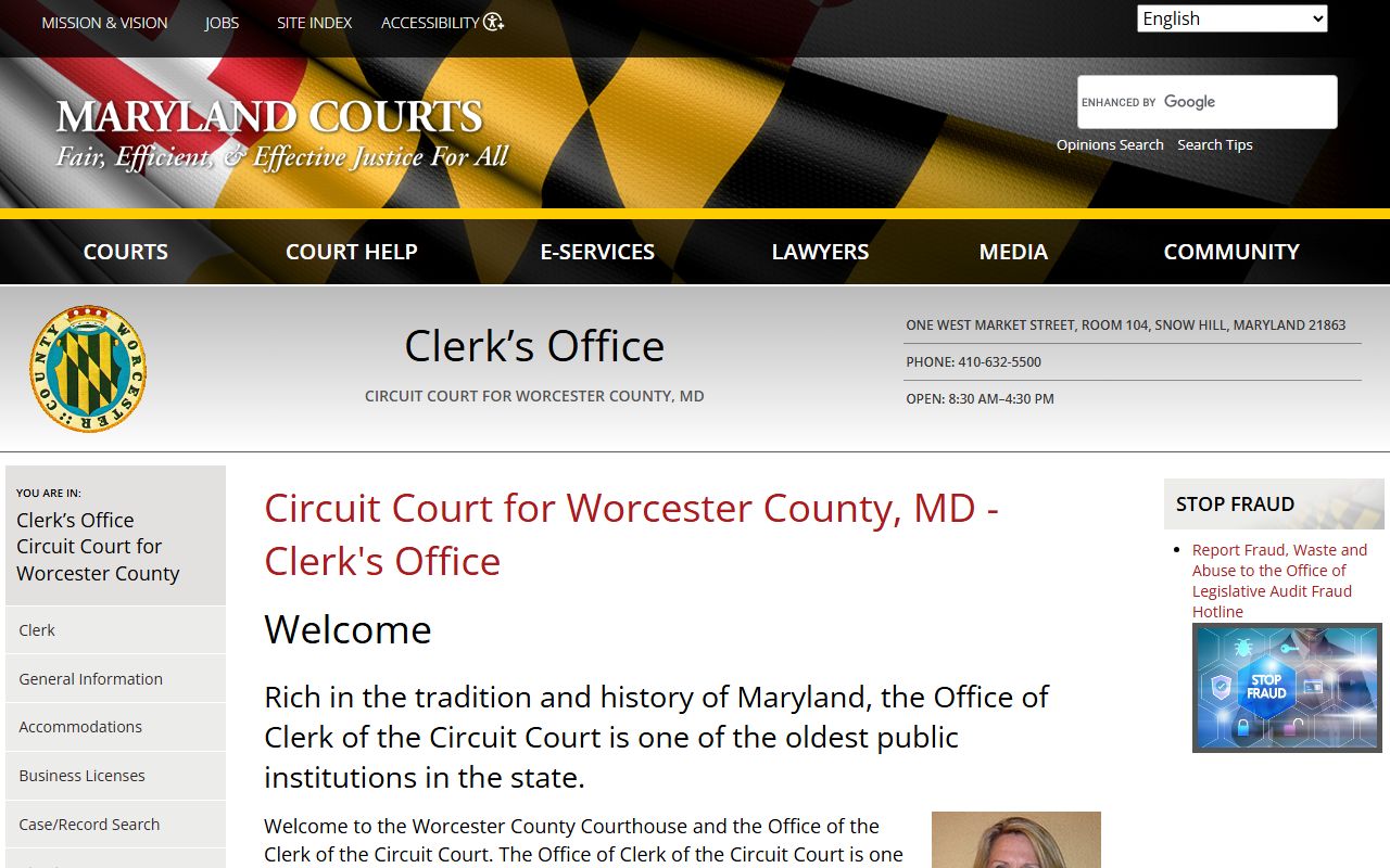 Worcester County Circuit Court Clerk page for court records in Snow Hill